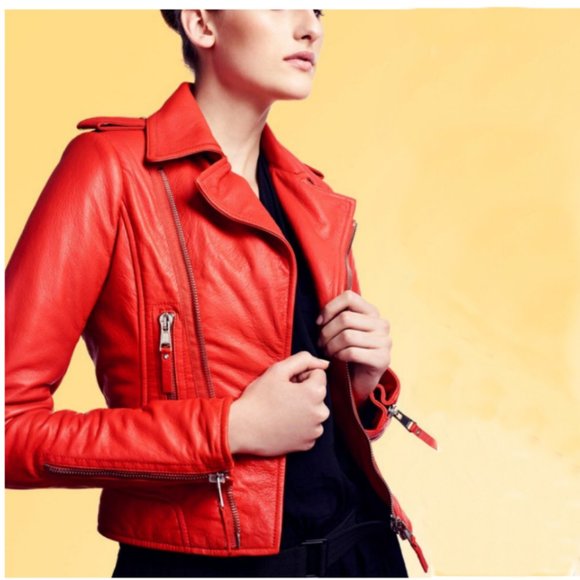 Balenciaga Designer Luxury Red Leather Moto Jacket- Small - Picture 2 of 15